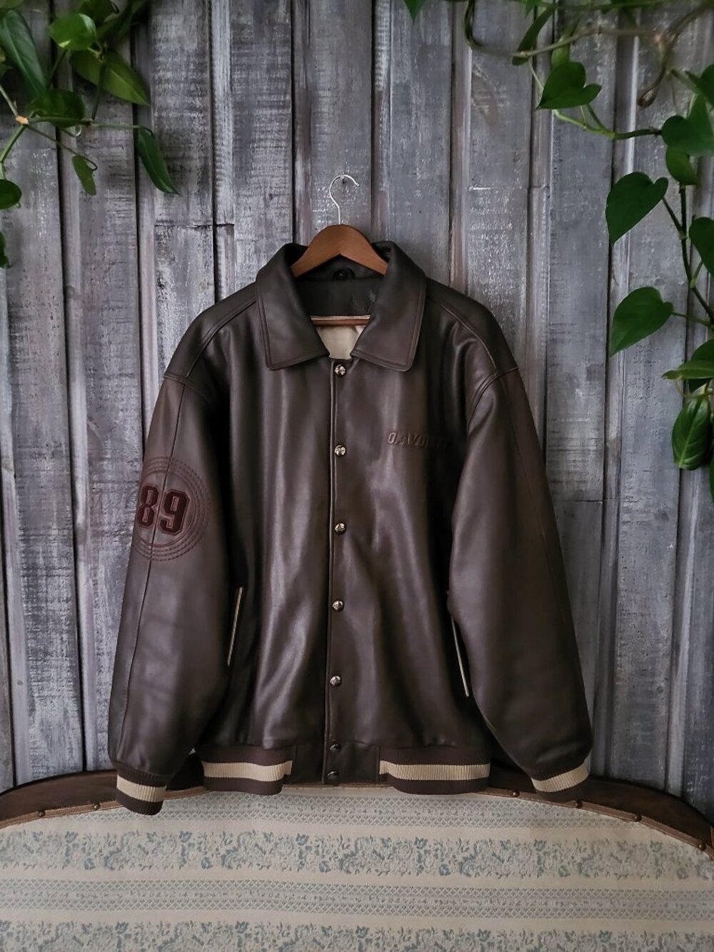 Davoucci New York 89 Brown Leather Varsity Bomber Jacket Vintage Medium